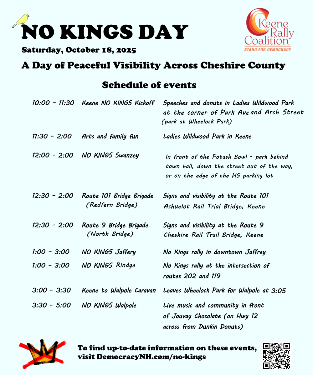 Flyer for “NO KINGS DAY,” organized by the Keene Rally Coalition, scheduled for Saturday, October 18, 2025. The event is described as “A Day of Peaceful Visibility Across Cheshire County.” The flyer features a light blue background, bold black text, and a red-orange circular logo in the top-right corner with the slogan “Stand for Democracy.” A yellow megaphone icon appears next to the title. Schedule of Events: - 10:00–11:30 AM: Keene NO KINGS Kickoff at Ladies Wildwood Park with speeches and donuts. - 11:30 AM–2:00 PM: Arts and family fun at Ladies Wildwood Park. - 12:00–2:00 PM: NO KINGS Swanzey at Potash Bowl Amphitheater, 621 Old Homestead Highway. - 12:30–2:00 PM: Route 101 Bridge Brigade at the Route 101 pedestrian bridge in Keene. - 12:30–2:00 PM: Route 9 Bridge Brigade at the Route 9 pedestrian bridge in Keene. - 1:00–3:00 PM: NO KINGS Jaffrey in downtown Jaffrey. - 1:00–3:00 PM: NO KINGS Ringe at the intersection of Routes 202 and 119. - 3:00–3:30 PM: Keene to Walpole Caravan, leaving Wheelock Park at 3:05 PM. - 3:30–5:00 PM: NO KINGS Walpole with live music and community gathering in front of L’Journey Chocolate on Highway 12, across from Dunkin Donuts. At the bottom, a red and black crown graphic with a red “X” symbolizes opposition to monarchy or authoritarianism. A call to action reads: “To find up-to-date information on these events, visit DemocracyNH.com/no-kings,” with a QR code in the bottom-right corner.