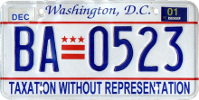 Washington DC Taxation without Representation licenense plate