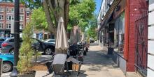 Empty outdoor seating in downtown Keene