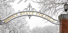 Keene State College gates in the snow