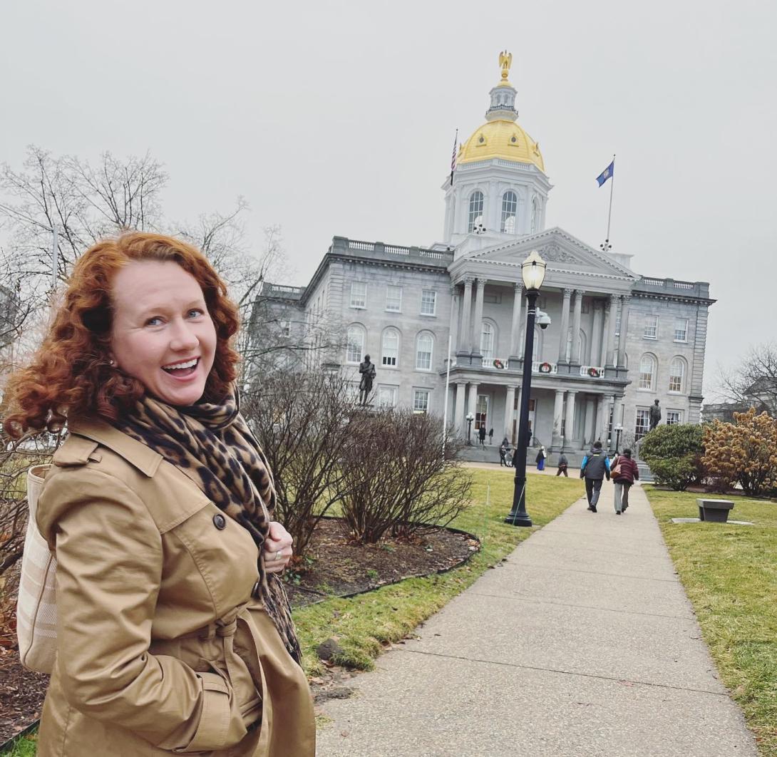 NH State Rep. Renée Monteil in front of the State House